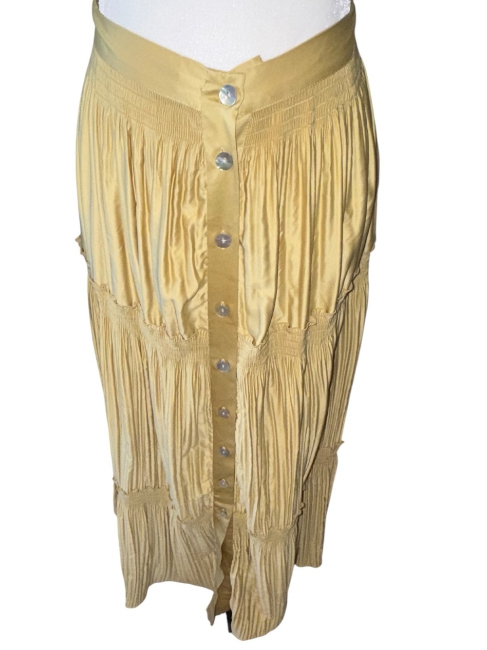 Soft Surroundings Gold Tiered Pleated Maxi Skirt Button Front Boho Size M